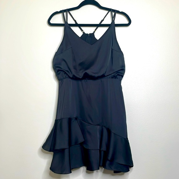 Lulu’s Black Satin Ruffle Hem Party Cocktail Mini Dress Size Small - Picture 3 of 17